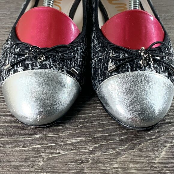 Women’s size 6-Sam Edelman Sara Black Silver Tweed Bow Cap Toe Ballet Flats - Picture 7 of 10